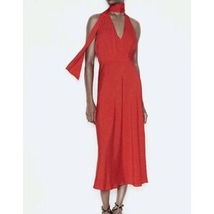 Zara Halter V Neck Satin Effect Midi Dress Red Size XS NWOT